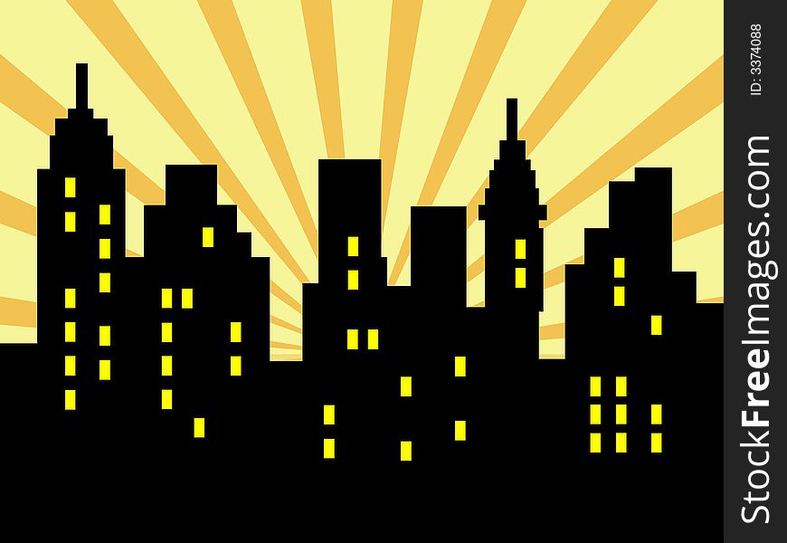 Abstract city silhouette against retro rays background
