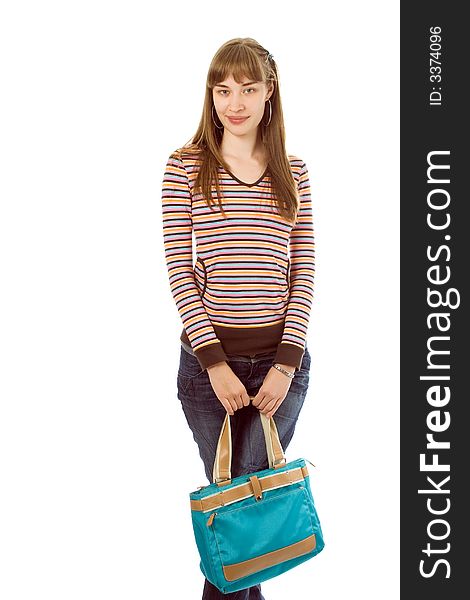 Beauty young woman shopping with bag over white background