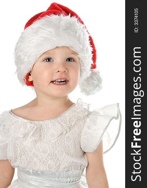 Pretty baby in santa claus christmas red hat over white background. Pretty baby in santa claus christmas red hat over white background