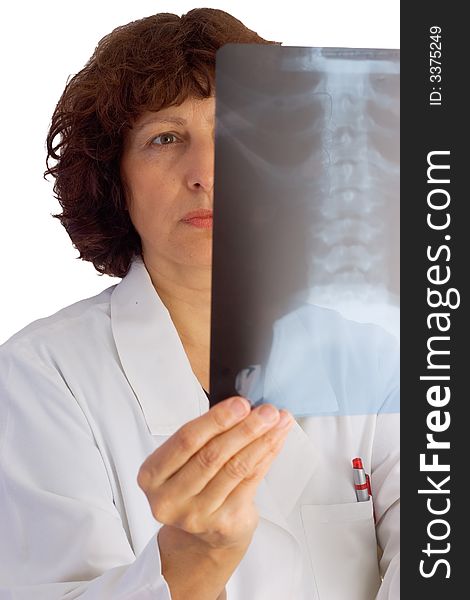 Female doctor isolated on white background holding x-ray