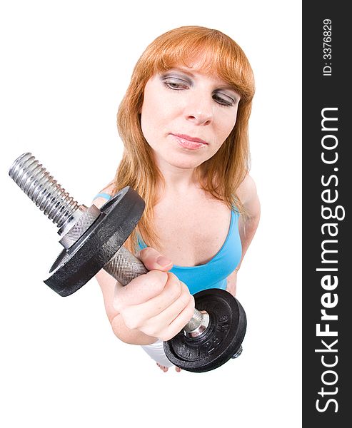 Woman with Barbell in her hand. Overstated Fisheye-Effect. Isolated on white. Woman with Barbell in her hand. Overstated Fisheye-Effect. Isolated on white.