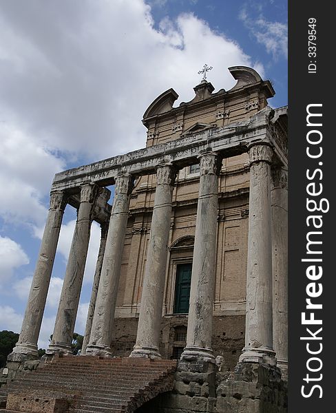 A view of a church in the Roman Forum with stone pillars. A view of a church in the Roman Forum with stone pillars