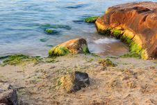 Sea Wave Strugle With Stone On The Sandy Beach Stock Image Sea Wave Strugle With Stone On The Sandy Beach Stock Image