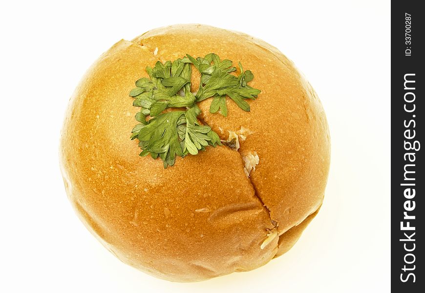 Isolated image of shred chicken mayo bread with coriander. Isolated image of shred chicken mayo bread with coriander