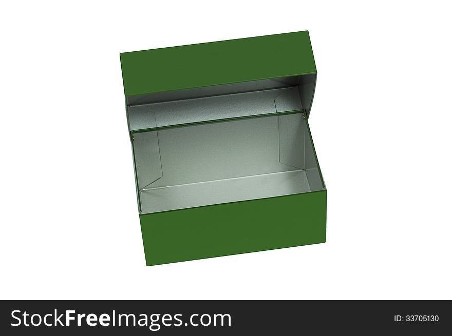 Shot of green metal vintage box with lid open and isolated on a white background. Shot of green metal vintage box with lid open and isolated on a white background.