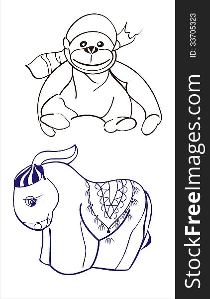 Chimpanzees and a donkey. Line drawing 2x items - toys. Chimpanzees and a donkey. Line drawing 2x items - toys.