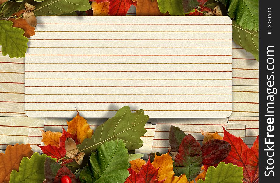 Vintage paper autumn background with maple leaves and  with postcard