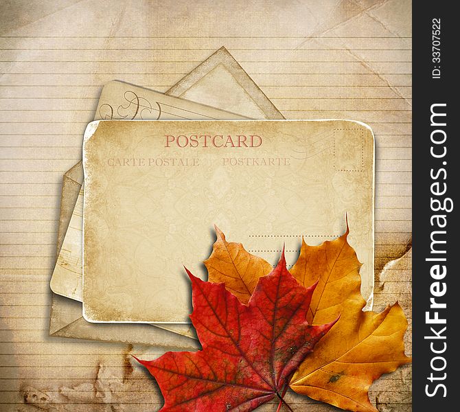 Grungy autumn background with old cards< maple leaves, and with space for text or photo. Grungy autumn background with old cards< maple leaves, and with space for text or photo