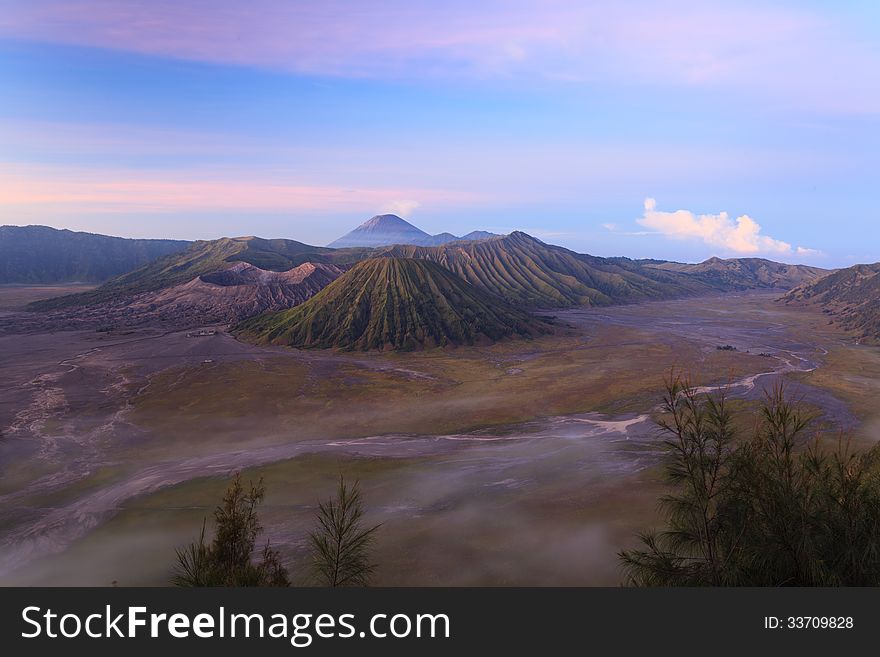 Bromo Volcano Mountain in Tengger Semeru National Park at sunrise, East Java, Indonesia