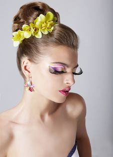 Woman S Face With Bright Trendy Eye Makeup. Long False Eyelashes Stock Image Woman S Face With Bright Trendy Eye Makeup. Long False Eyelashes Stock Image