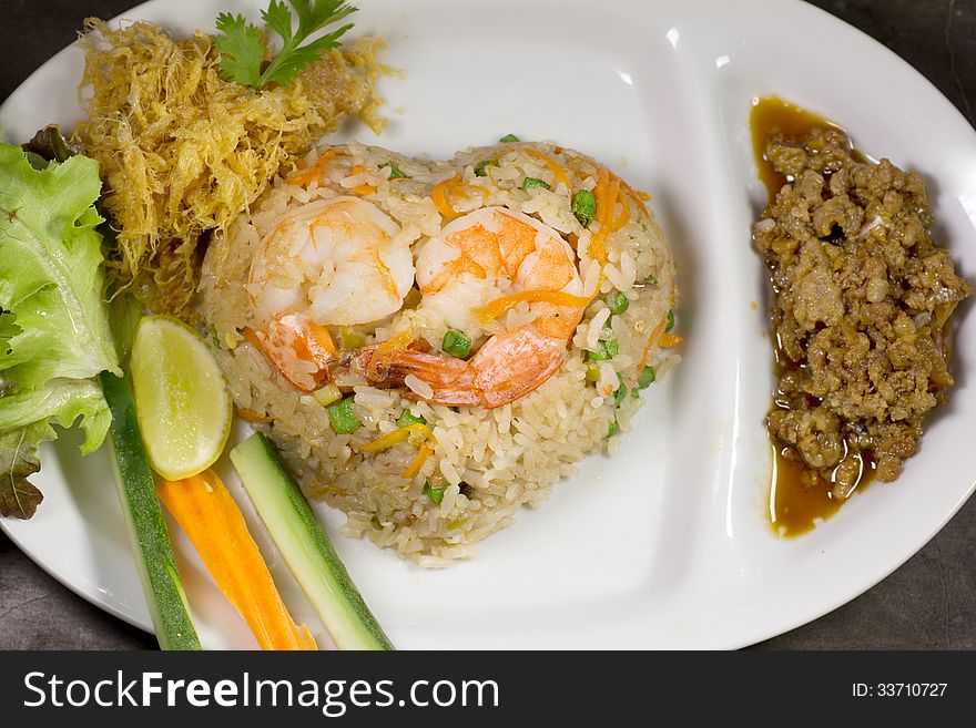 Fried rice with Chili shrimps Thai food heart form