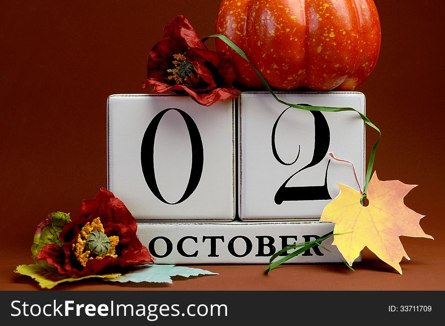 Save the Date white block calendar for October 2 with autumn fall colors, fruit and flowers theme for individual special occasions, holidays and events. Save the Date white block calendar for October 2 with autumn fall colors, fruit and flowers theme for individual special occasions, holidays and events.