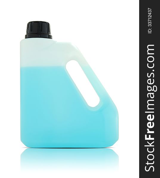 Plastic gallon with blue liquid on white background