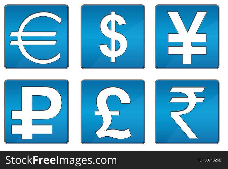 Image with different currency icons in blue background. Image with different currency icons in blue background.