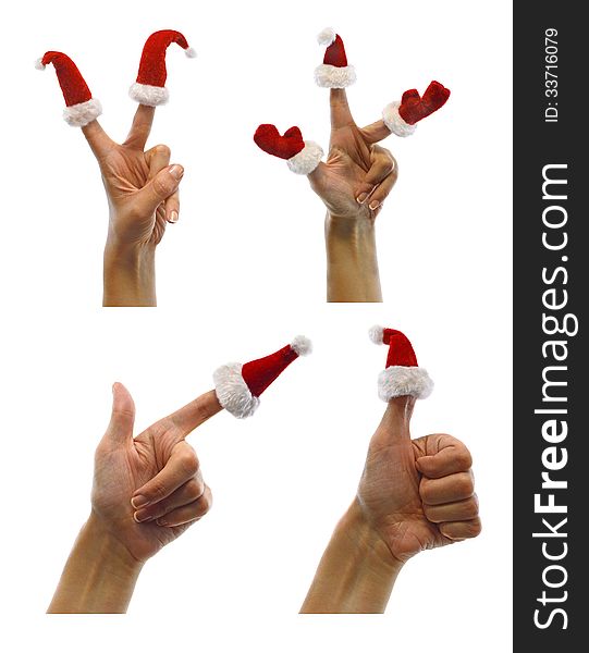 Set of hands with red finger hats isolated. Set of hands with red finger hats isolated