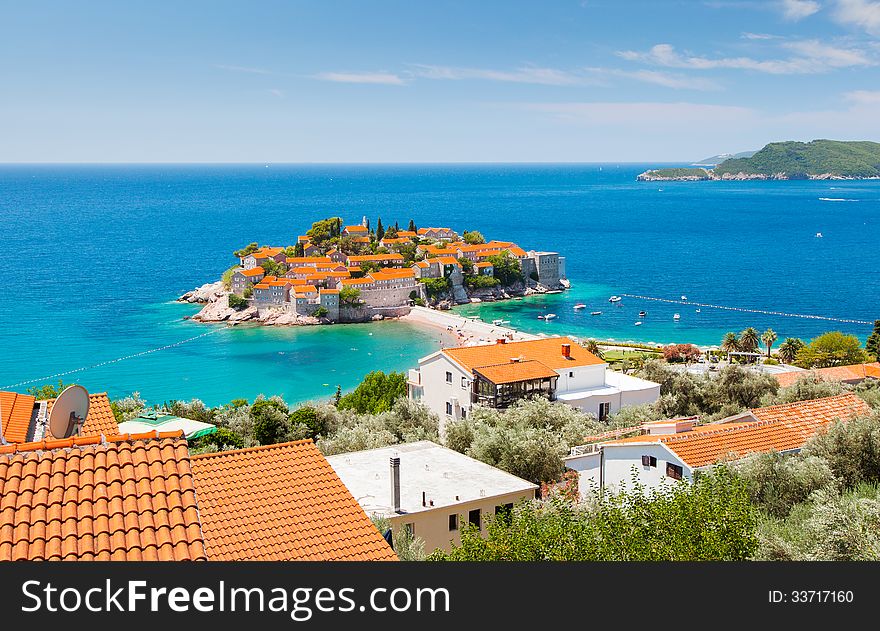 Sveti Stefan, small islet and resort in Montenegro. Balkans, Adriatic sea, Europe. Beauty world.