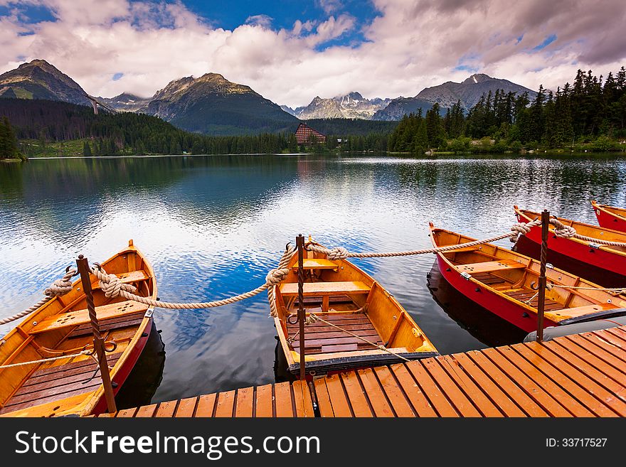 Mountain lake in National Park High Tatra. Dramatic overcast sky. Strbske pleso, Slovakia, Europe. Beauty world.