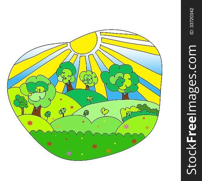Hand Drawn Vector Landscape With Agrarian Fields.