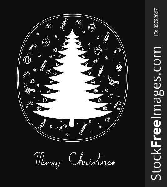 Marry Christmas greeting card with sweets, balls and fays, graphic on black