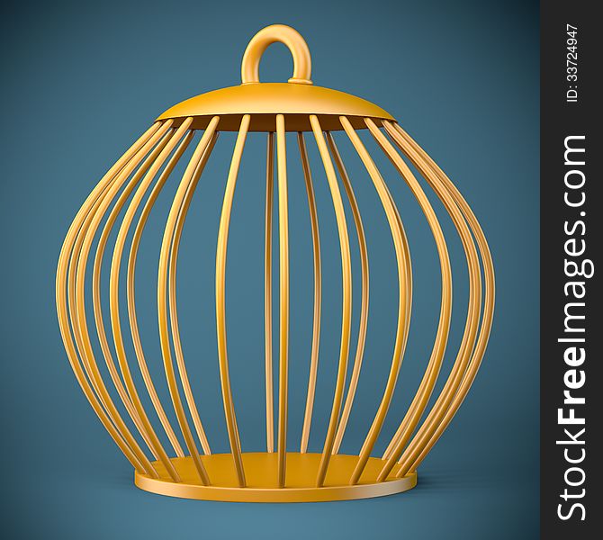 Golden bird cage on dark background. 3d illustration