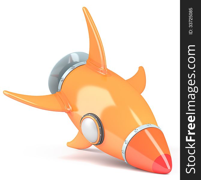 Orange cartoon-styled rocket isolated on white background. 3d illustration