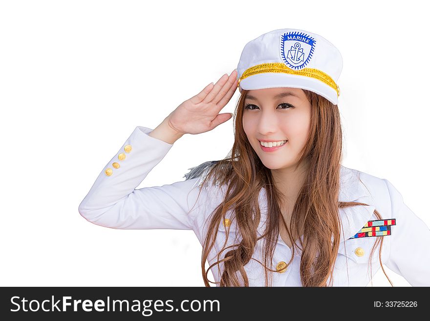Pretty asian woman saluting expression in marine uniform, isolated. Pretty asian woman saluting expression in marine uniform, isolated