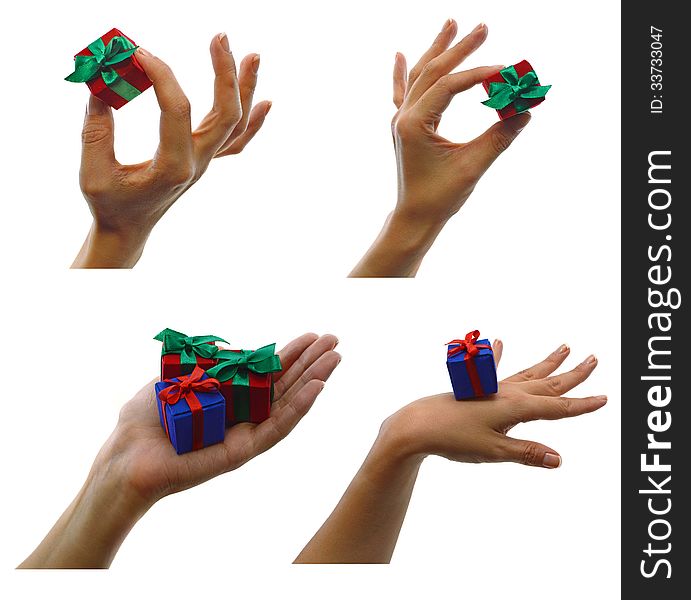 Set of hands with small red and blue gifts isolated. Set of hands with small red and blue gifts isolated