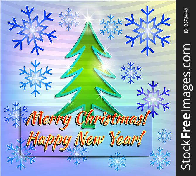 Christmas And New Year Vector Paper Card With SnowFlakes and Christmas Tree. Christmas And New Year Vector Paper Card With SnowFlakes and Christmas Tree