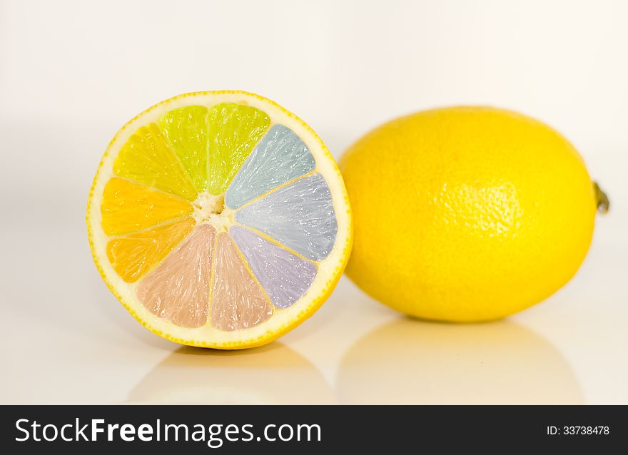Rainbow on a lemon, isolated lemon