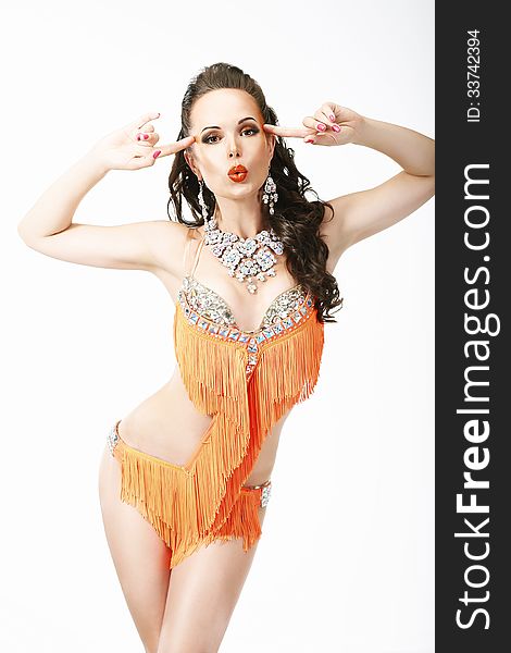 Clubbing. Latin Woman Entertainer In Stage Clubwear