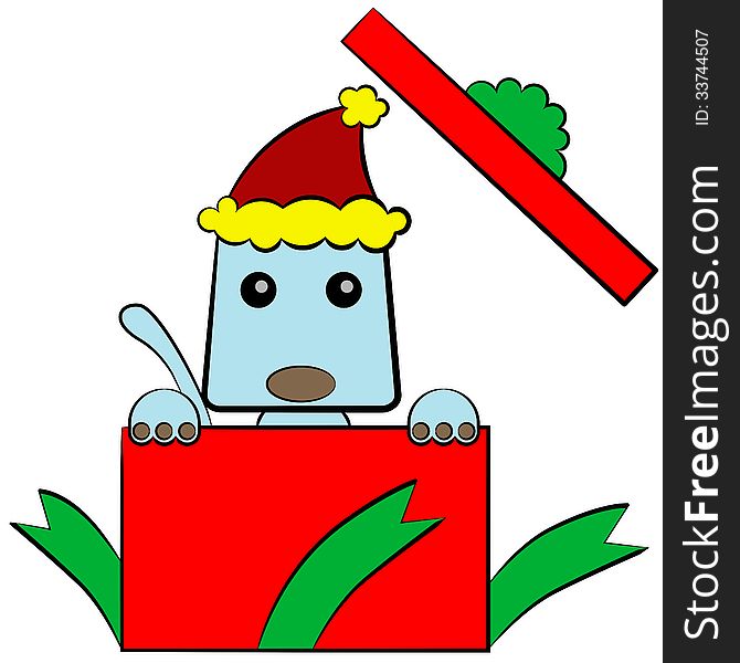 Illustration of a cute dog coming out from a a Christmas gift. Illustration of a cute dog coming out from a a Christmas gift