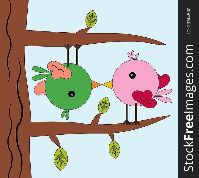 Illustration of birds kissing on a tree. Illustration of birds kissing on a tree