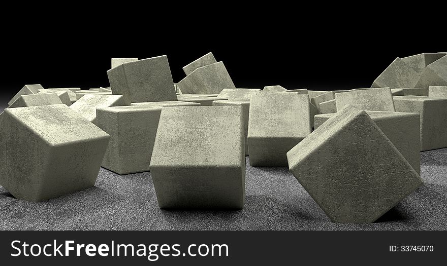 There are many chaotic placed cubes from light concrete. There are many chaotic placed cubes from light concrete
