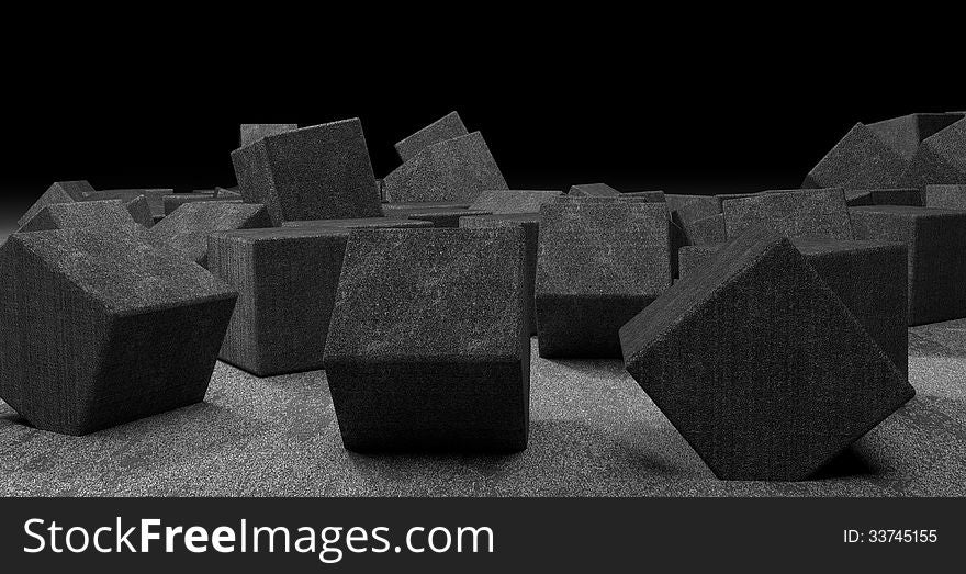 There are many chaotic placed cubes from dark concrete
