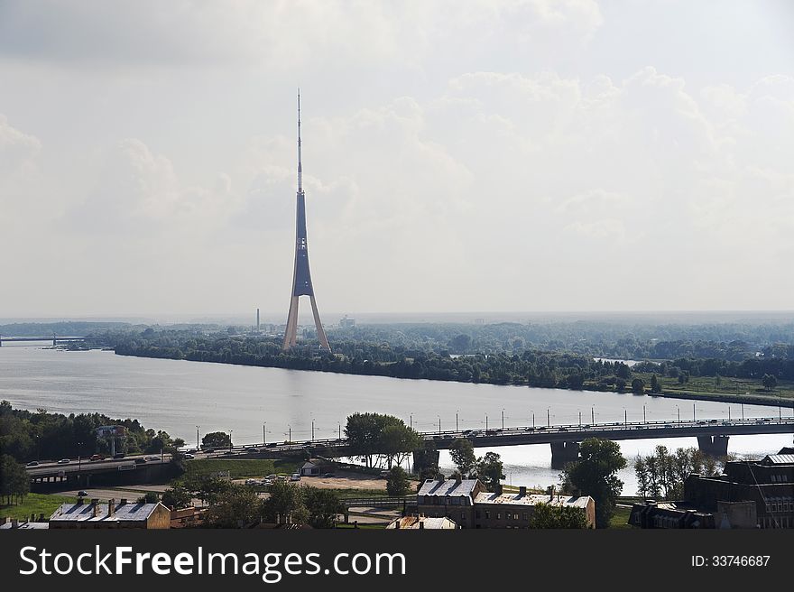 Latvia, Riga. View of the river and television tower. Latvia, Riga. View of the river and television tower.