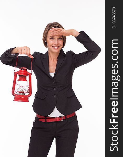 Businesswoman  With Red Kerosene Lamp