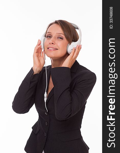 Businesswoman With Earphones On White