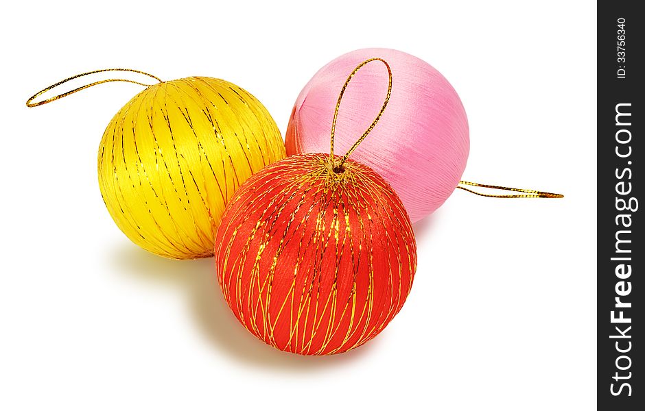 Three multicolored Christmas balls on white background. Three multicolored Christmas balls on white background