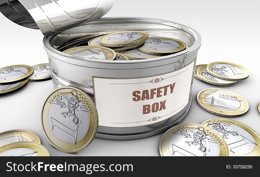 Tin can with euro coins inside, on a white background. Tin can with euro coins inside, on a white background