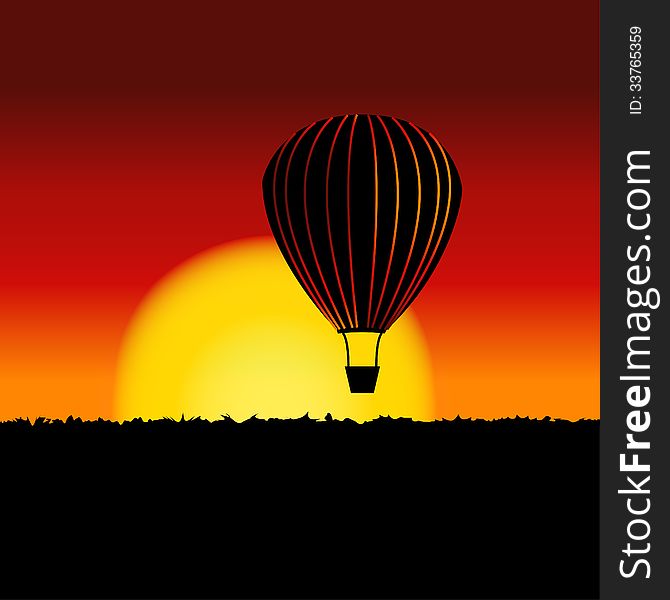 Natural sunset landscape with air balloon silhouette. Vector