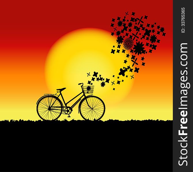 Natural sunset landscape with bicycle and flowers silhouette. Vector. Natural sunset landscape with bicycle and flowers silhouette. Vector