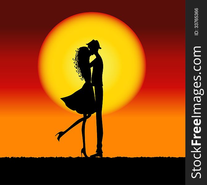 Natural sunset landscape with lovers silhouette. Vector