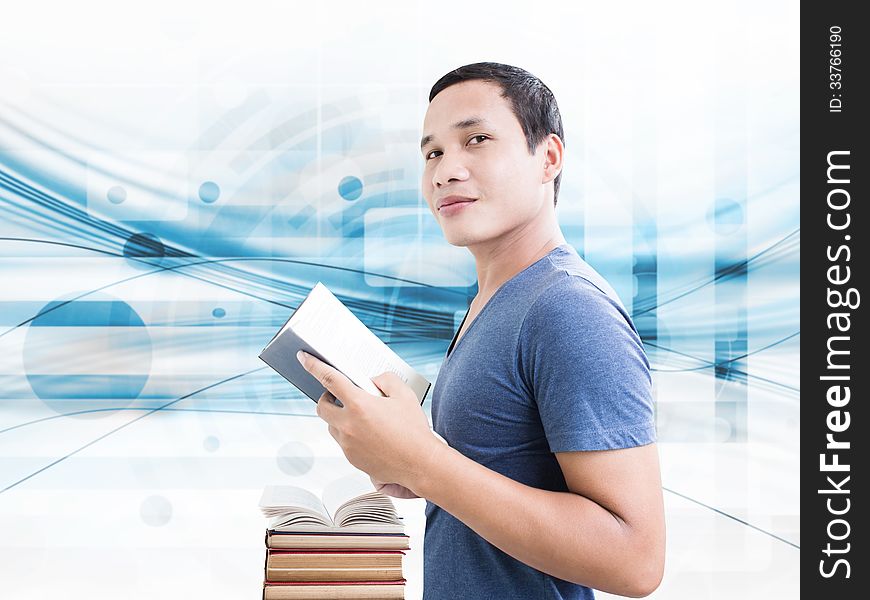 Young Asian Student With Book And Blue Abstract background