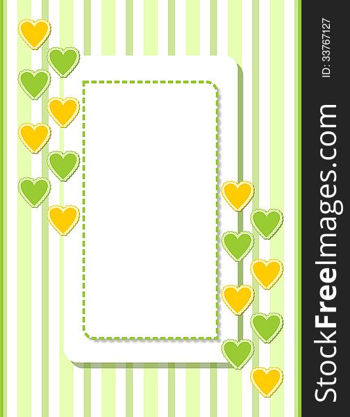 Greeting card with green and yellow hearts, green stripes on the background. Greeting card with green and yellow hearts, green stripes on the background