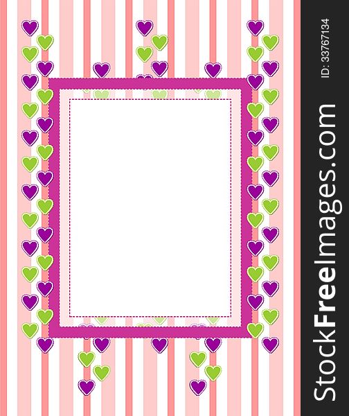 Greeting card with green and mauve hearts, pink stripes on the background. Greeting card with green and mauve hearts, pink stripes on the background