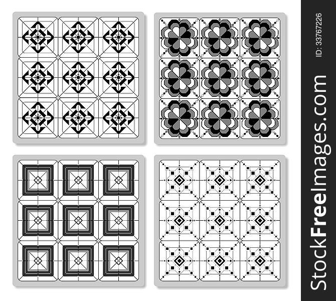 Set of 4 black and white rectangular tiles. Set of 4 black and white rectangular tiles