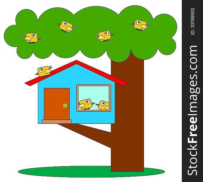 An illustration of birds and a tree house. An illustration of birds and a tree house