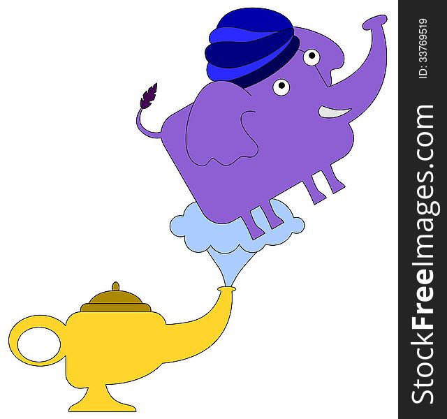 A genie elephant coming out from a lamp. A genie elephant coming out from a lamp