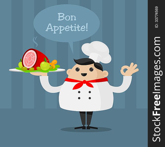 Illustration cheerful chef holding a platter, format EPS 8