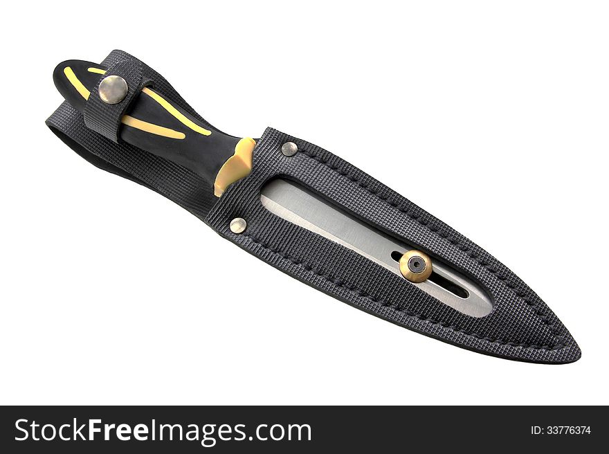 Black hunting knife in cover isolated on the white background. Black hunting knife in cover isolated on the white background.